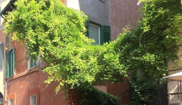 17th-century apartment with beams and arches in Trastevere's iconic alley